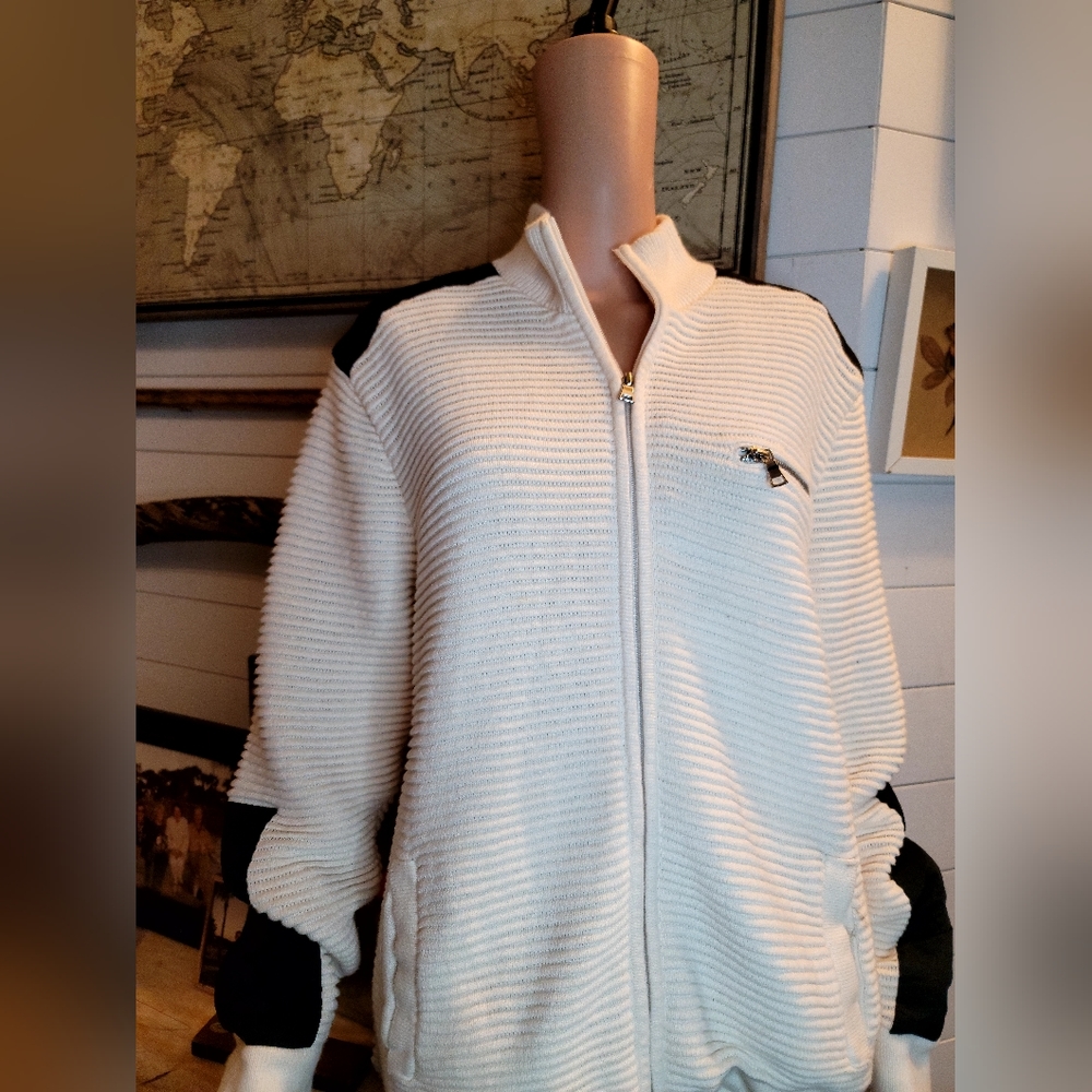 INC International Concepts White Ribbed Zip Jacket with Black Accents